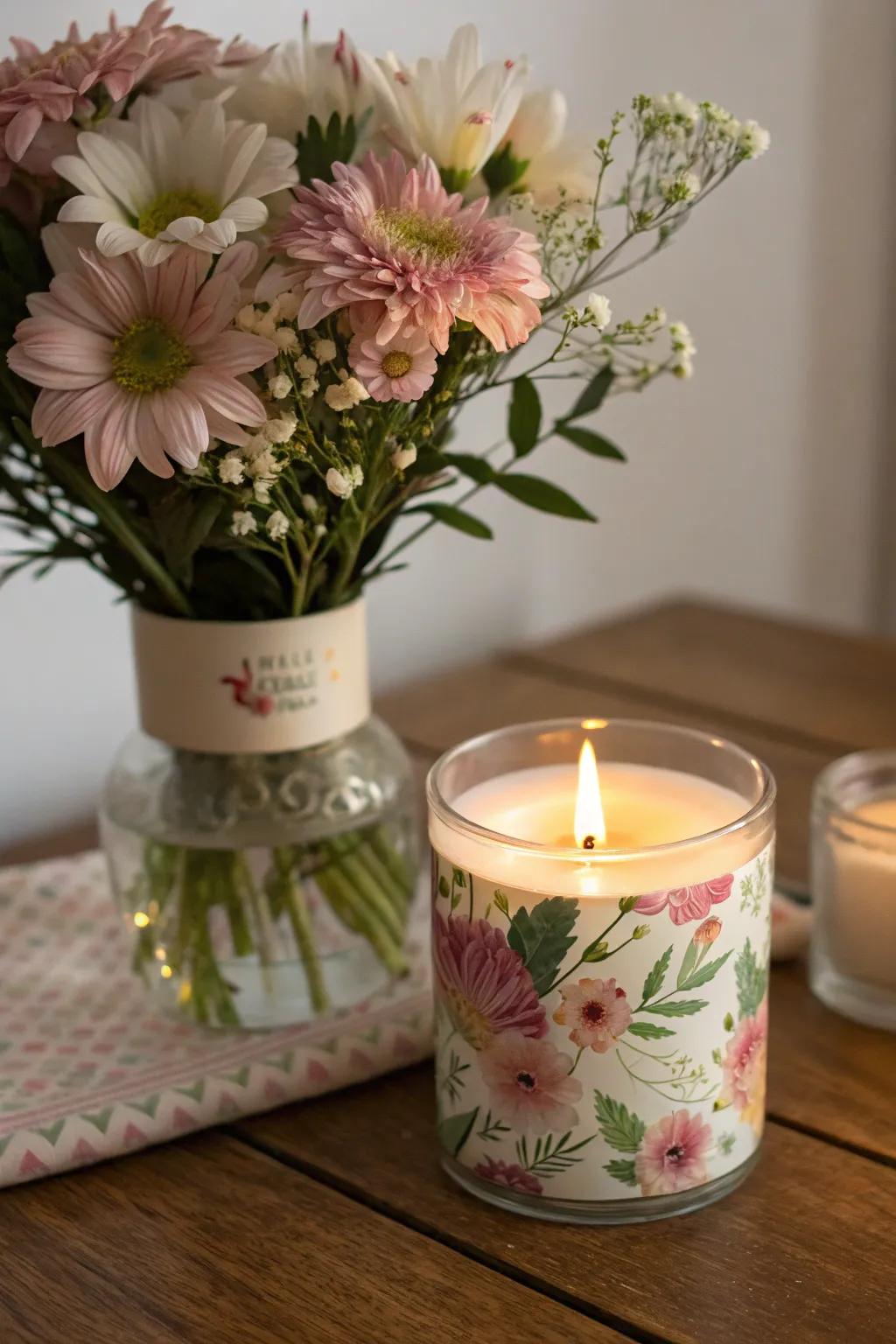 Floral candles and flowers create a sensory delight.