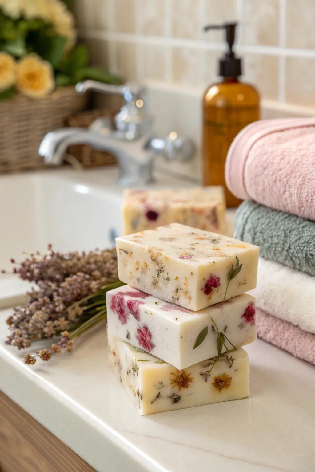 Handmade floral soaps add a personal touch to gifts.