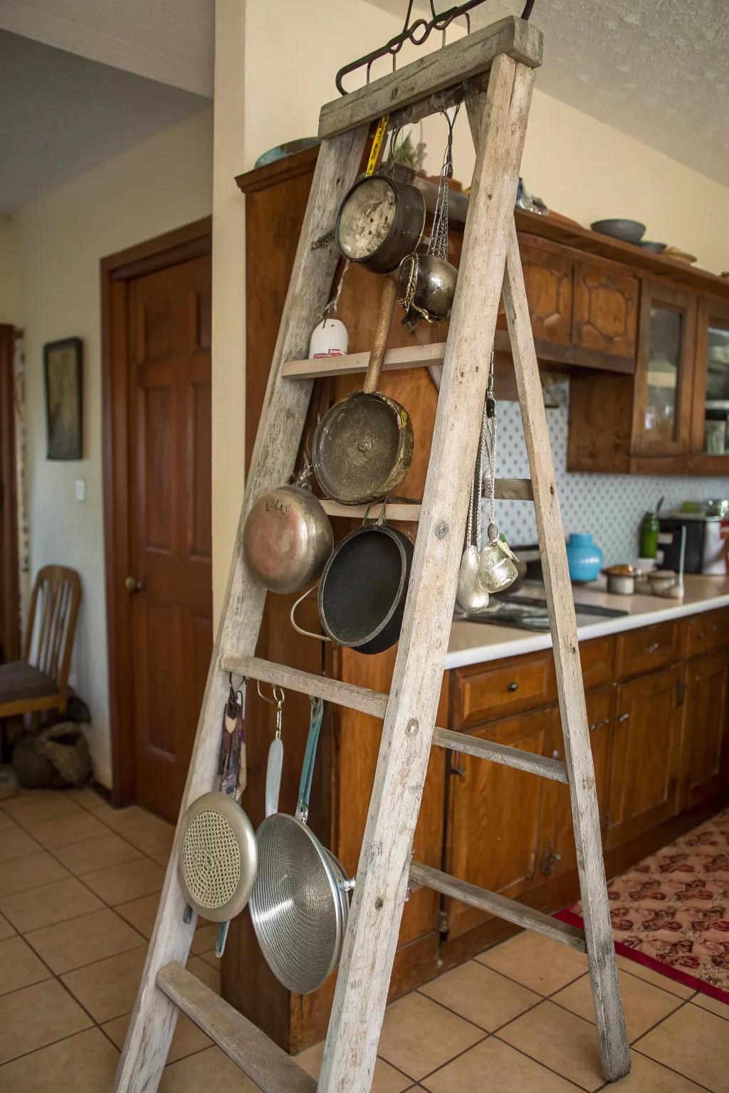 Add rustic charm to your kitchen with a ladder pot rack.