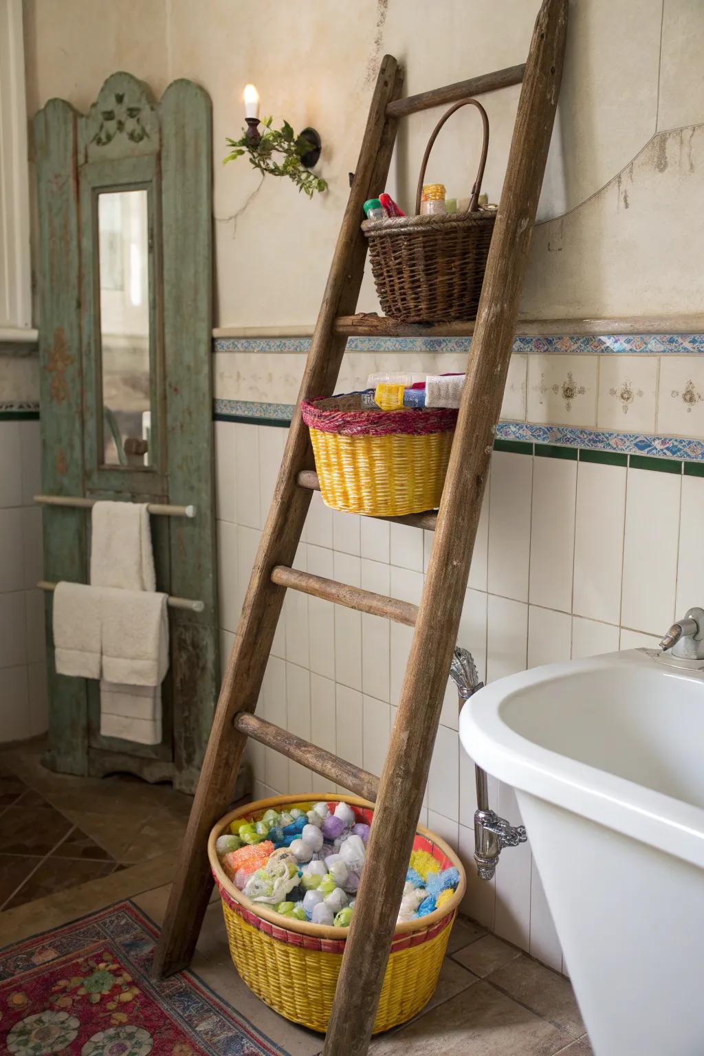 Combine function and style with a ladder bathroom storage solution.