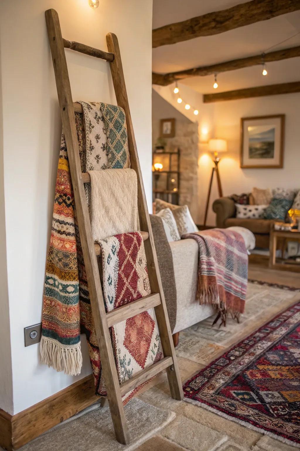 Keep your blankets handy with a ladder blanket holder.