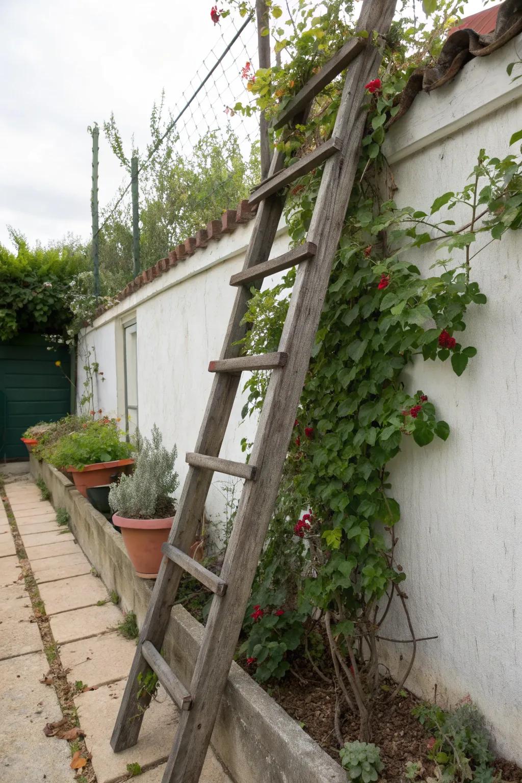 Enhance your garden with a ladder trellis for climbing plants.