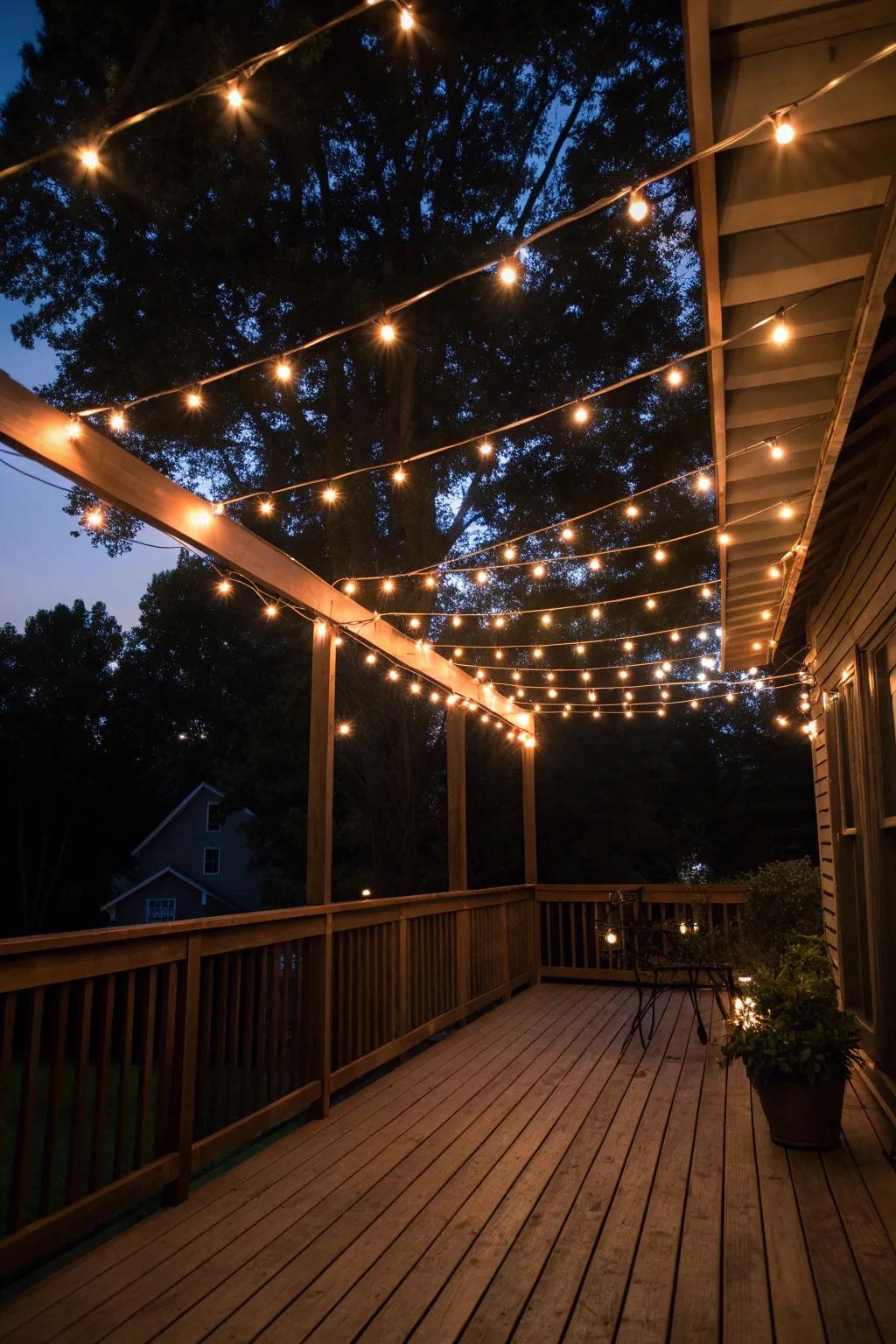 String lights zigzagged overhead give the illusion of a starry night.