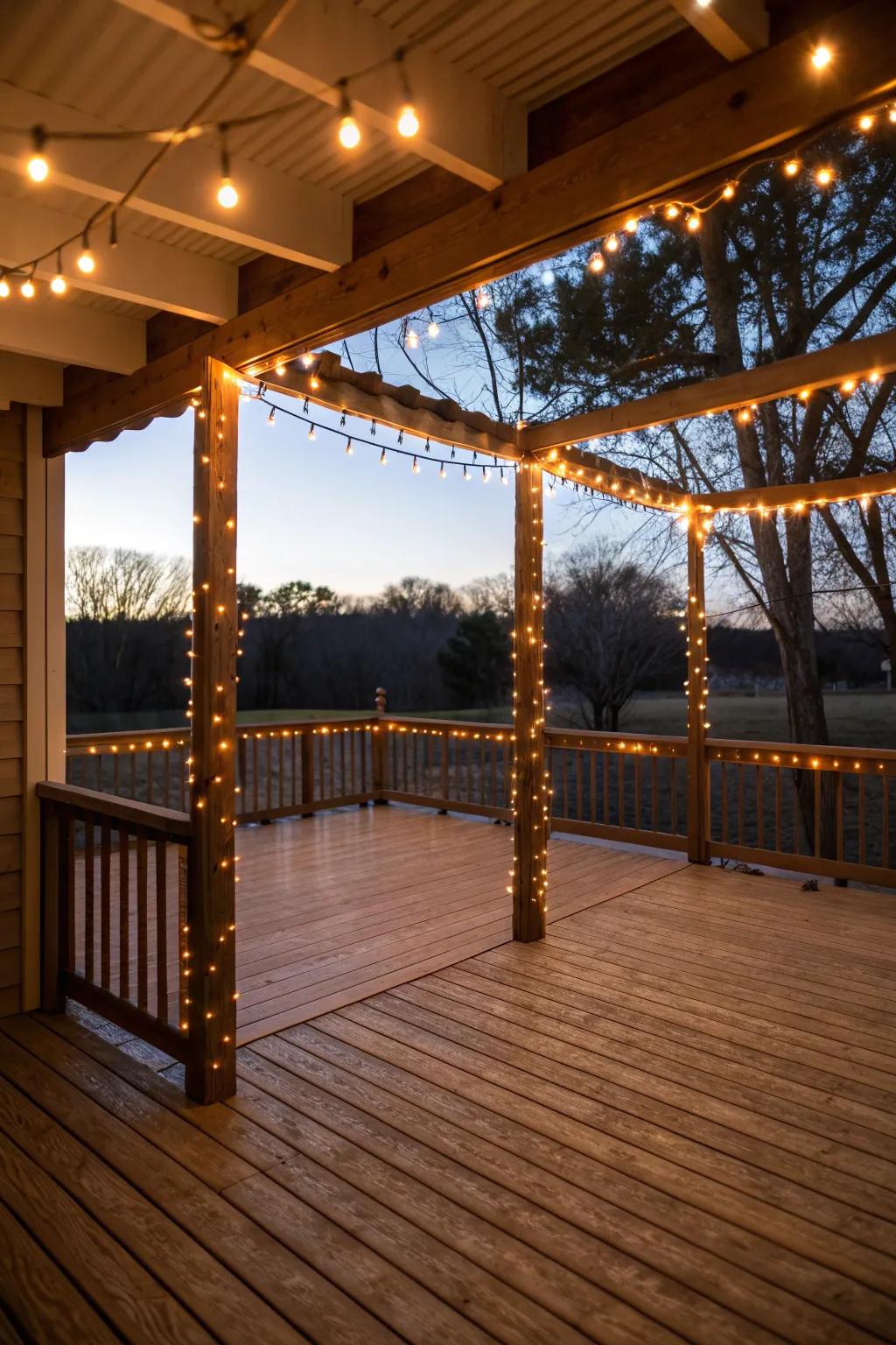 String lights framing the deck provide a cozy, defined space.