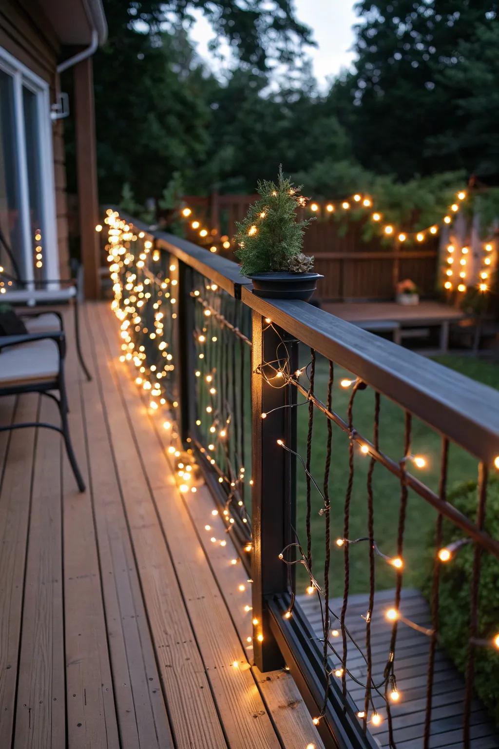 String lights wrapped around railings add a touch of sparkle.