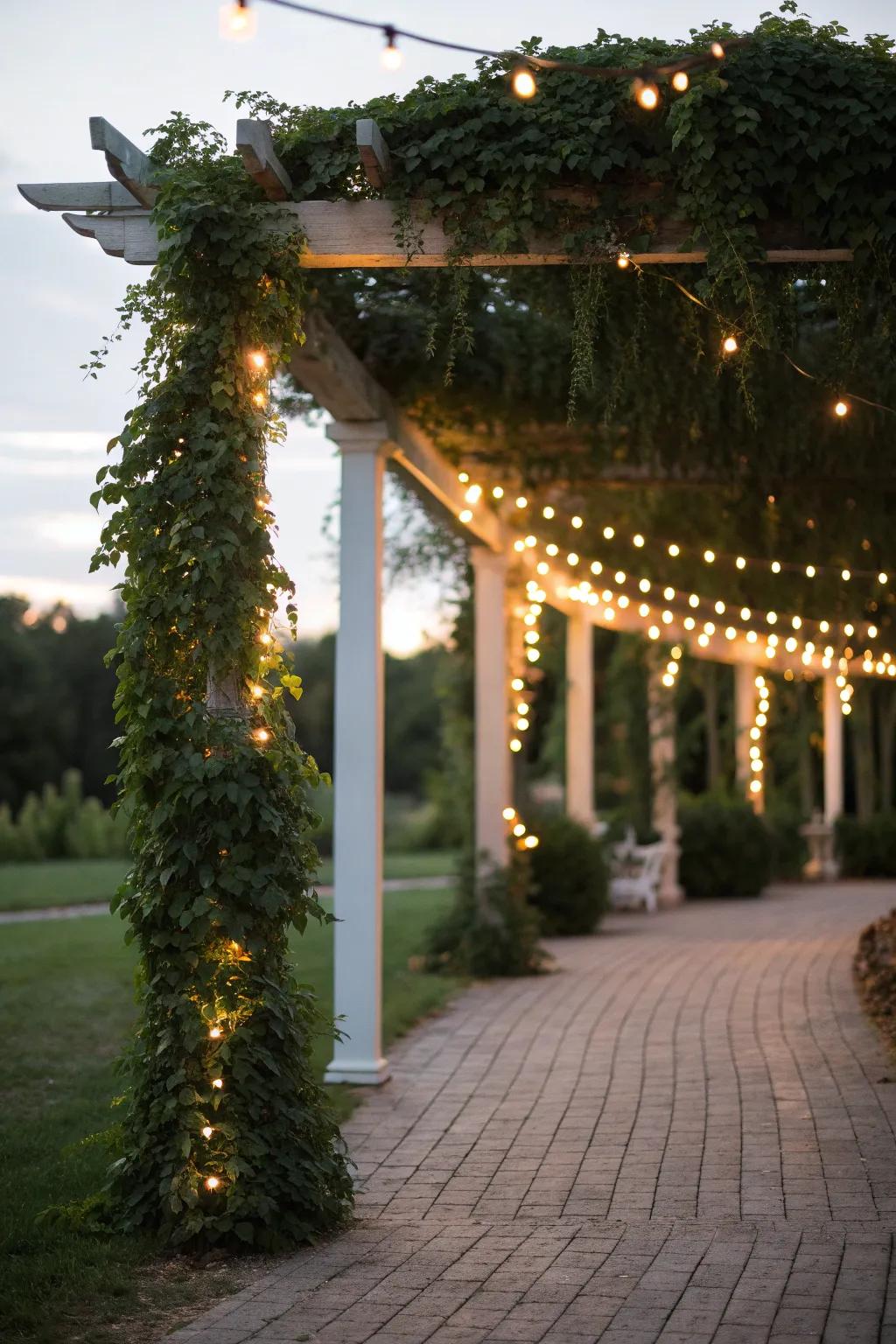 Draped string lights over a pergola create a stunning focal point.