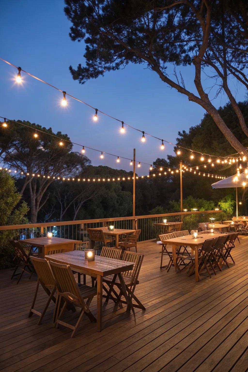 String lights set a delightful mood for outdoor dining.