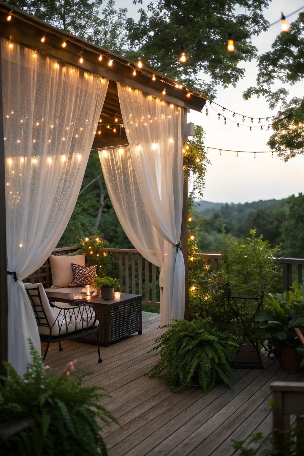 String lights with curtains create a private, cozy nook.