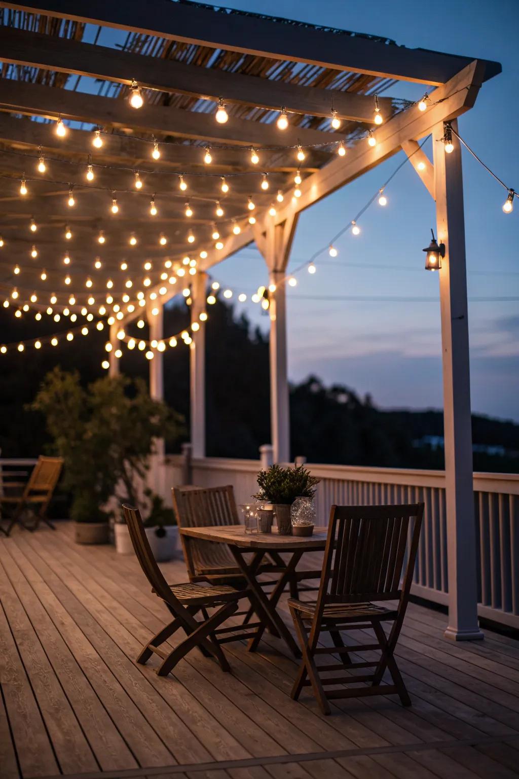 A string light canopy creates drama and ample light.