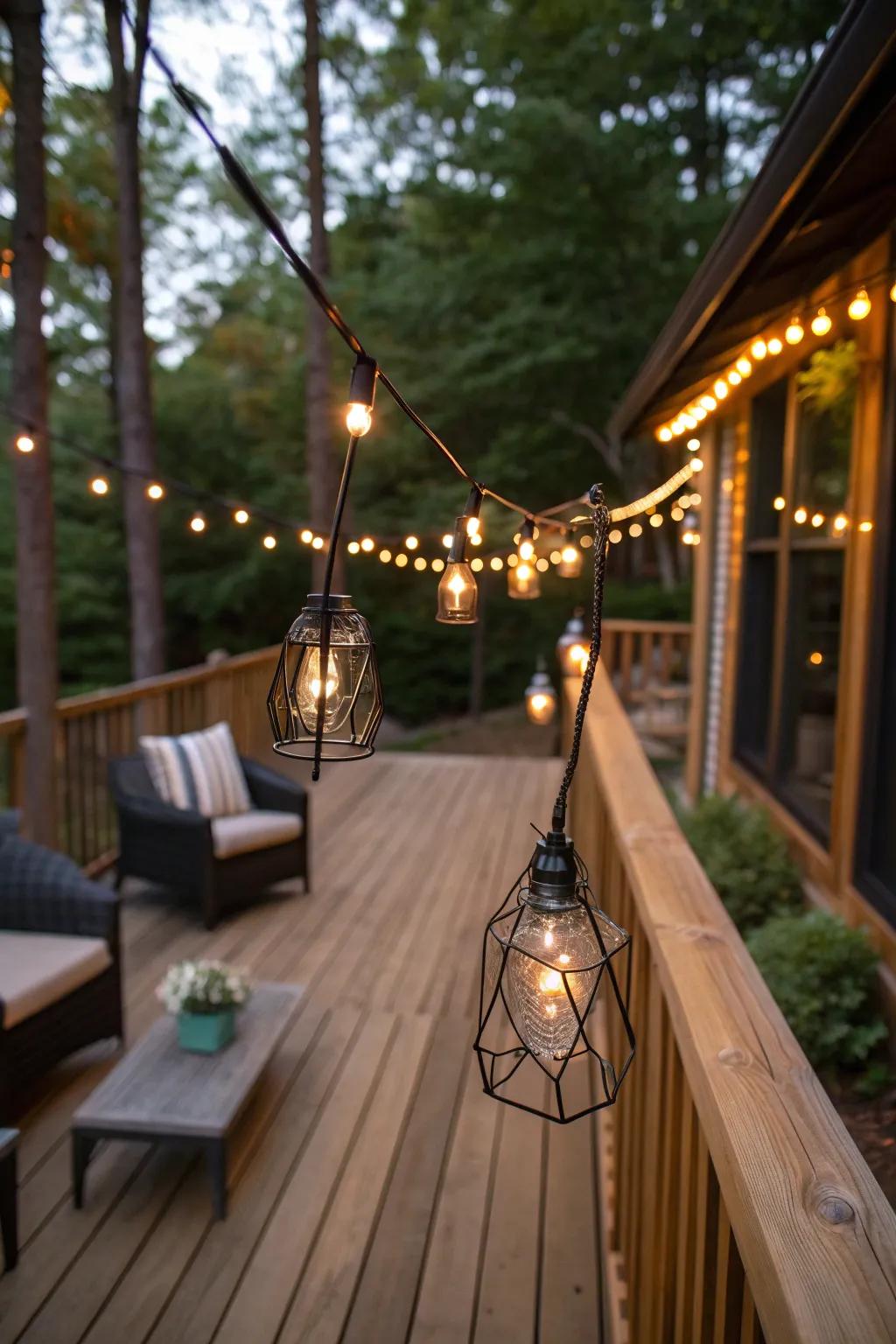 Lantern-style string lights add cultural flair and warmth.