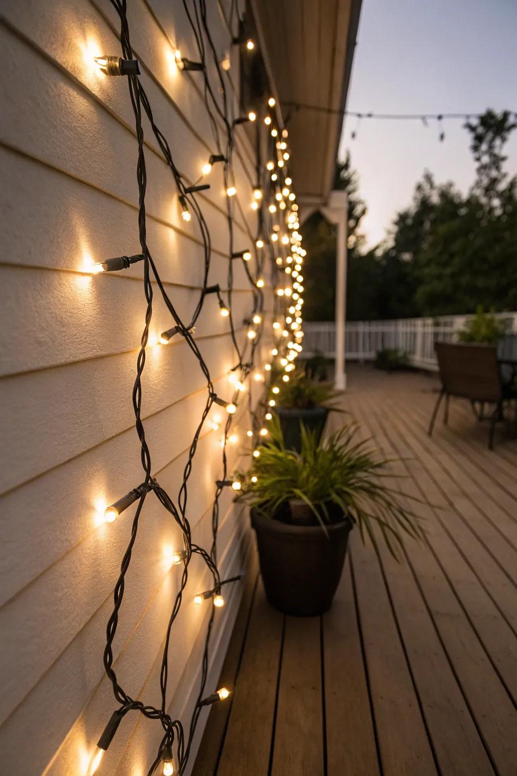 String lights arranged as art create a personalized deck space.
