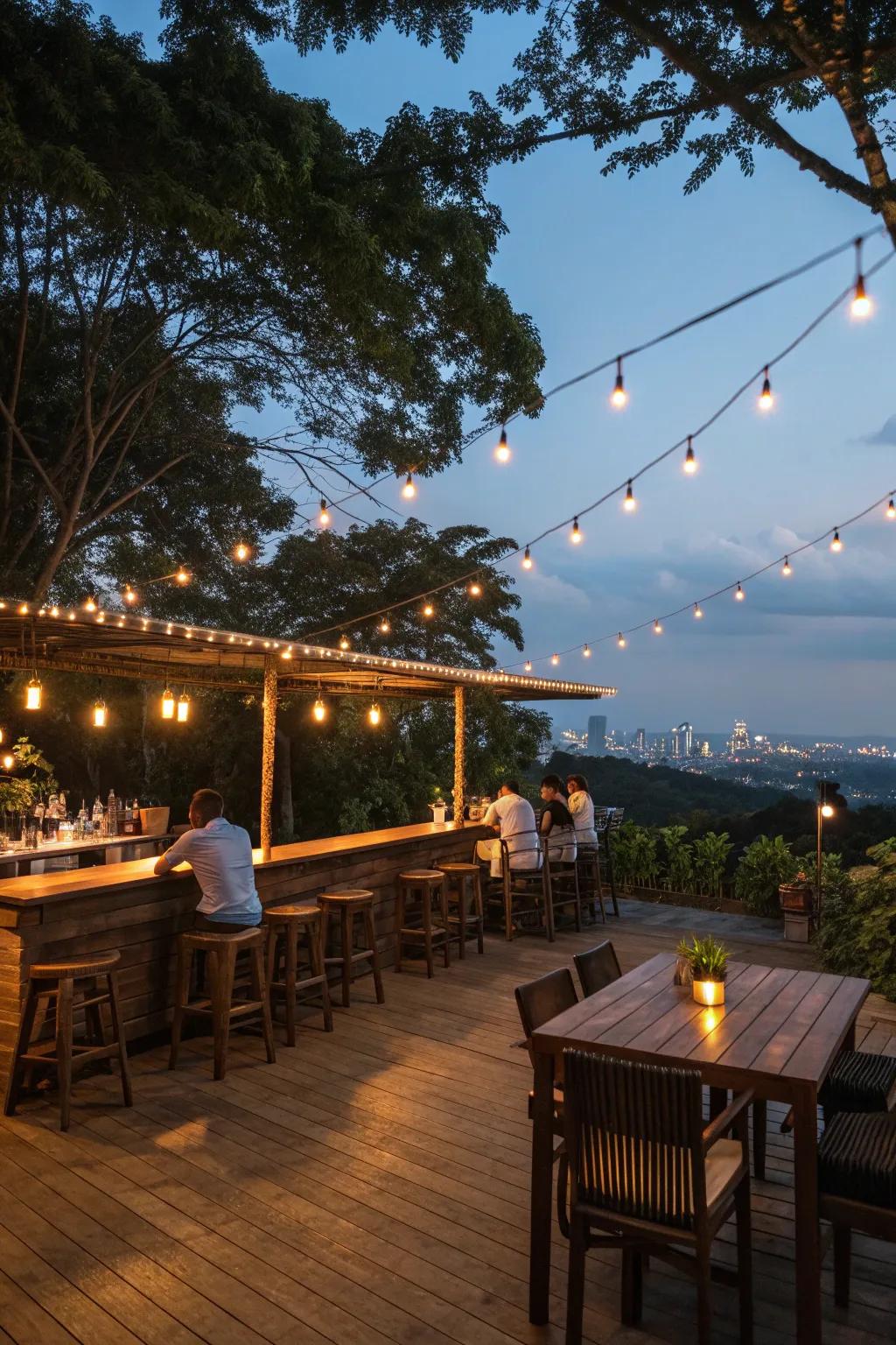 String lights enhance the allure of an outdoor bar.