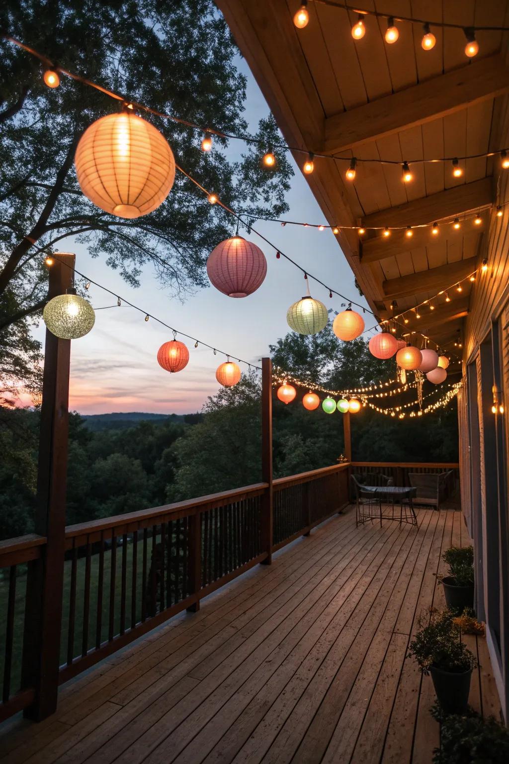 String lights mixed with colorful lanterns for a festive deck.