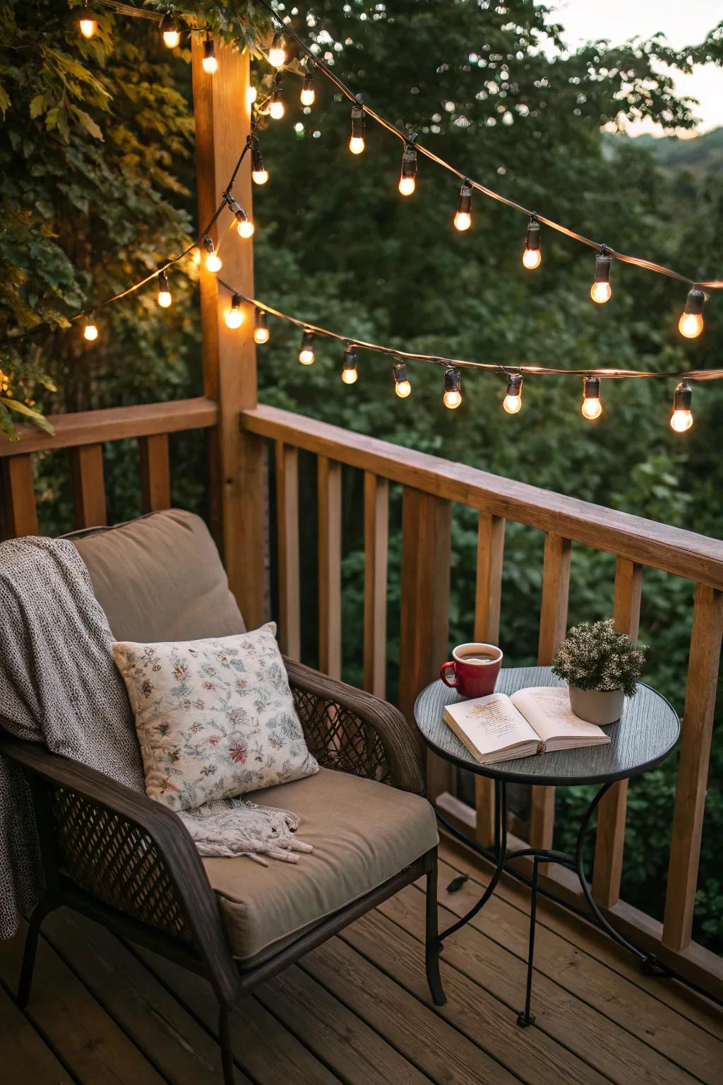 String lights create a cozy reading nook on the deck.
