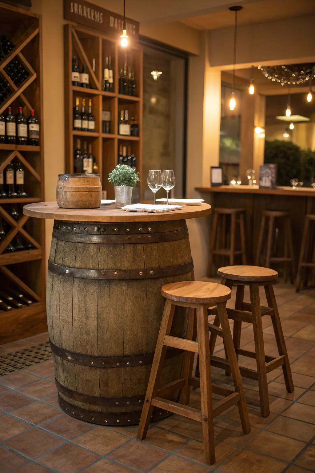 A wine barrel bar table can be a stunning centerpiece in any room.