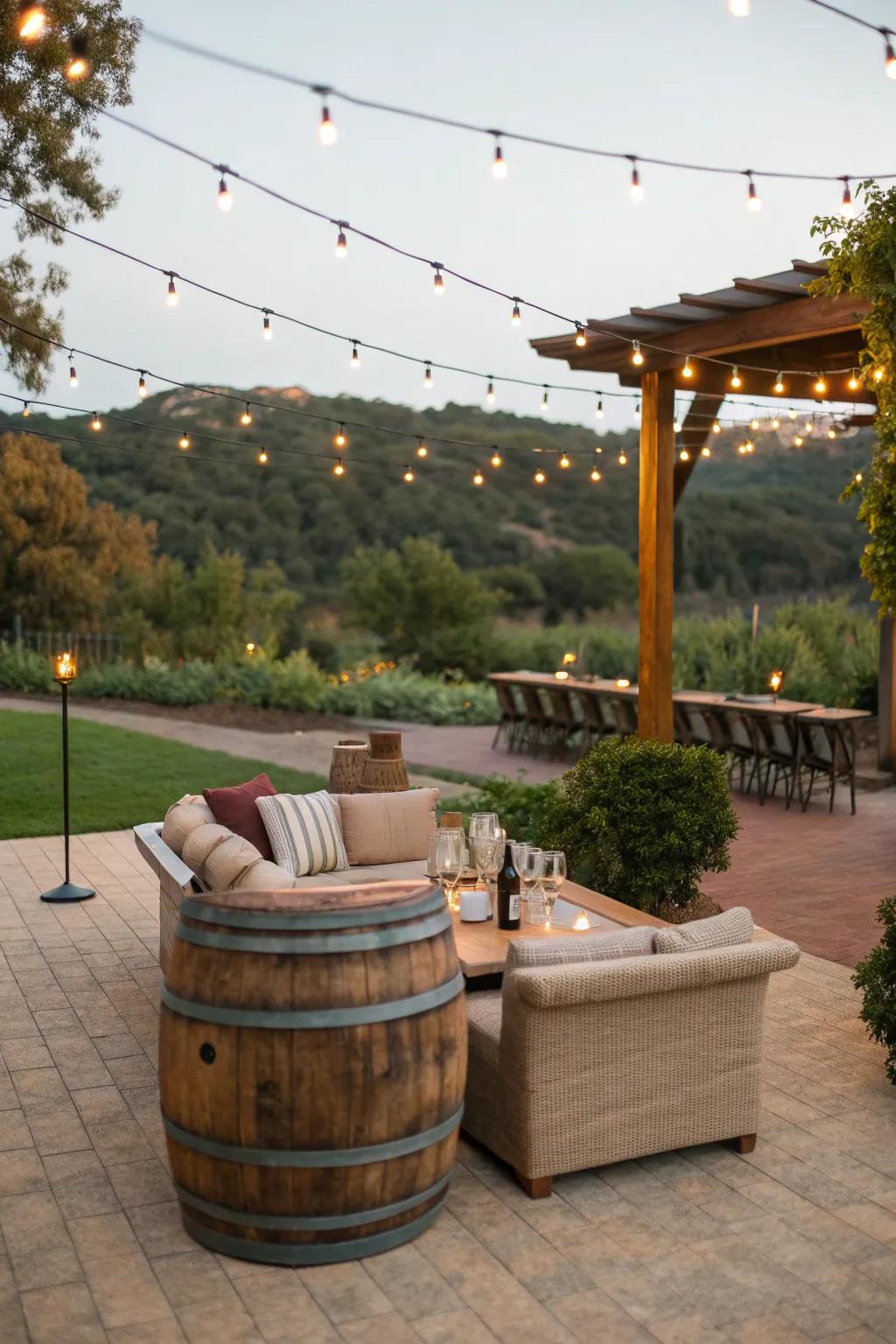 Transform your patio into a social hub with an outdoor wine barrel bar.