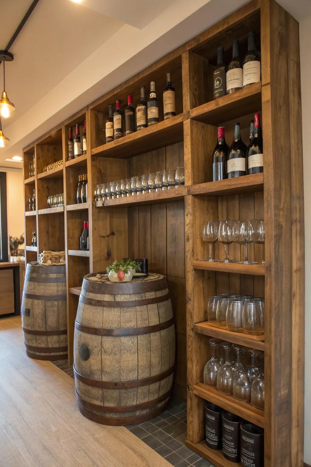 Wall-mounted barrel stave shelves offer functional and stylish storage.