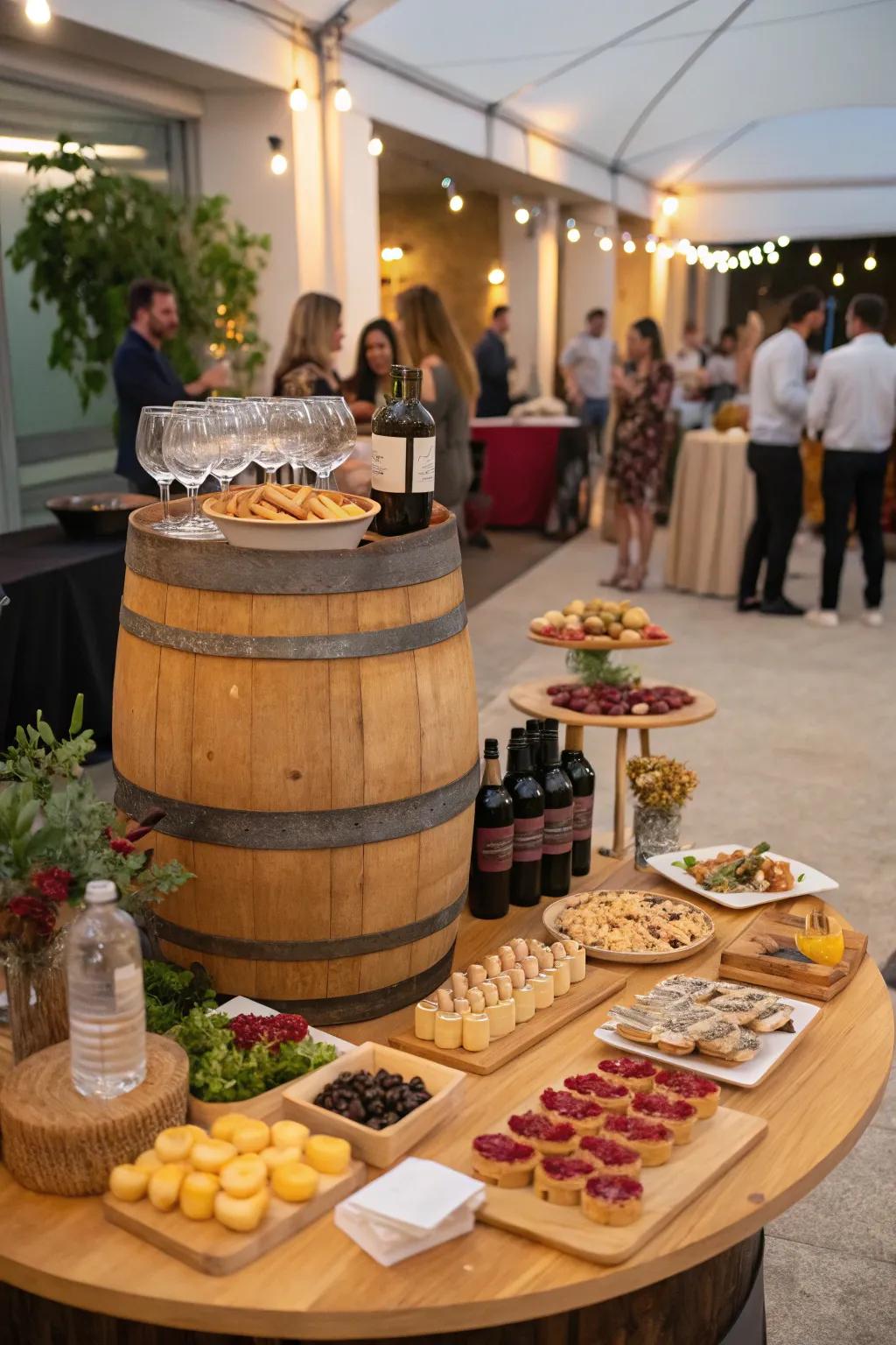 A wine barrel serving station makes hosting a breeze.