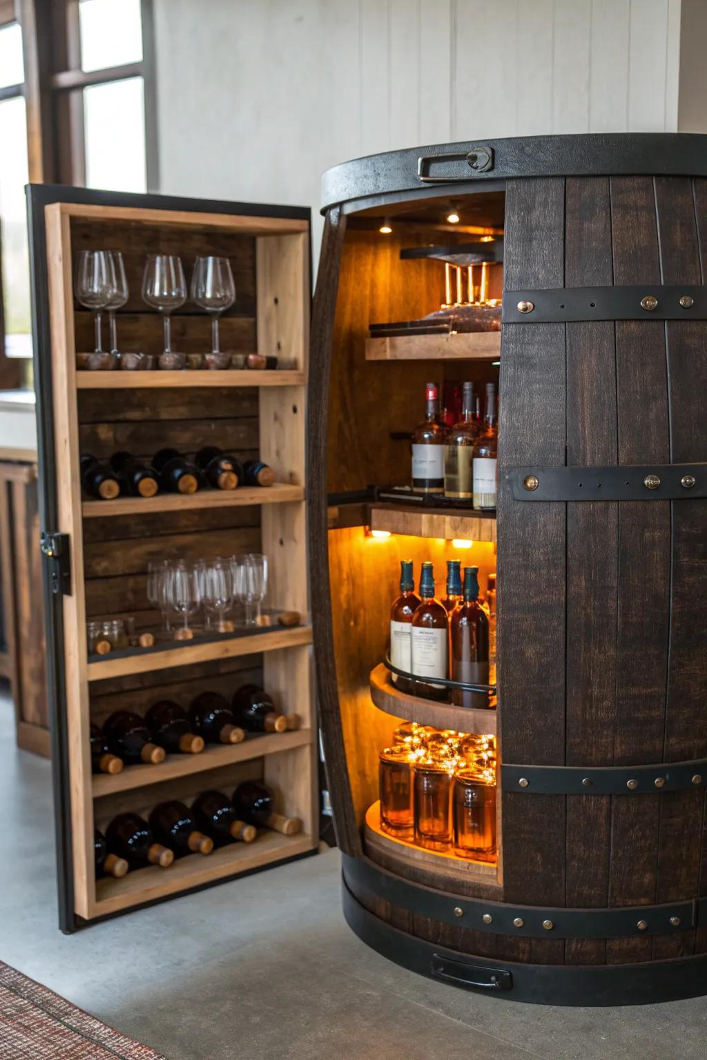 A hidden barrel bar cabinet adds mystery and elegance.