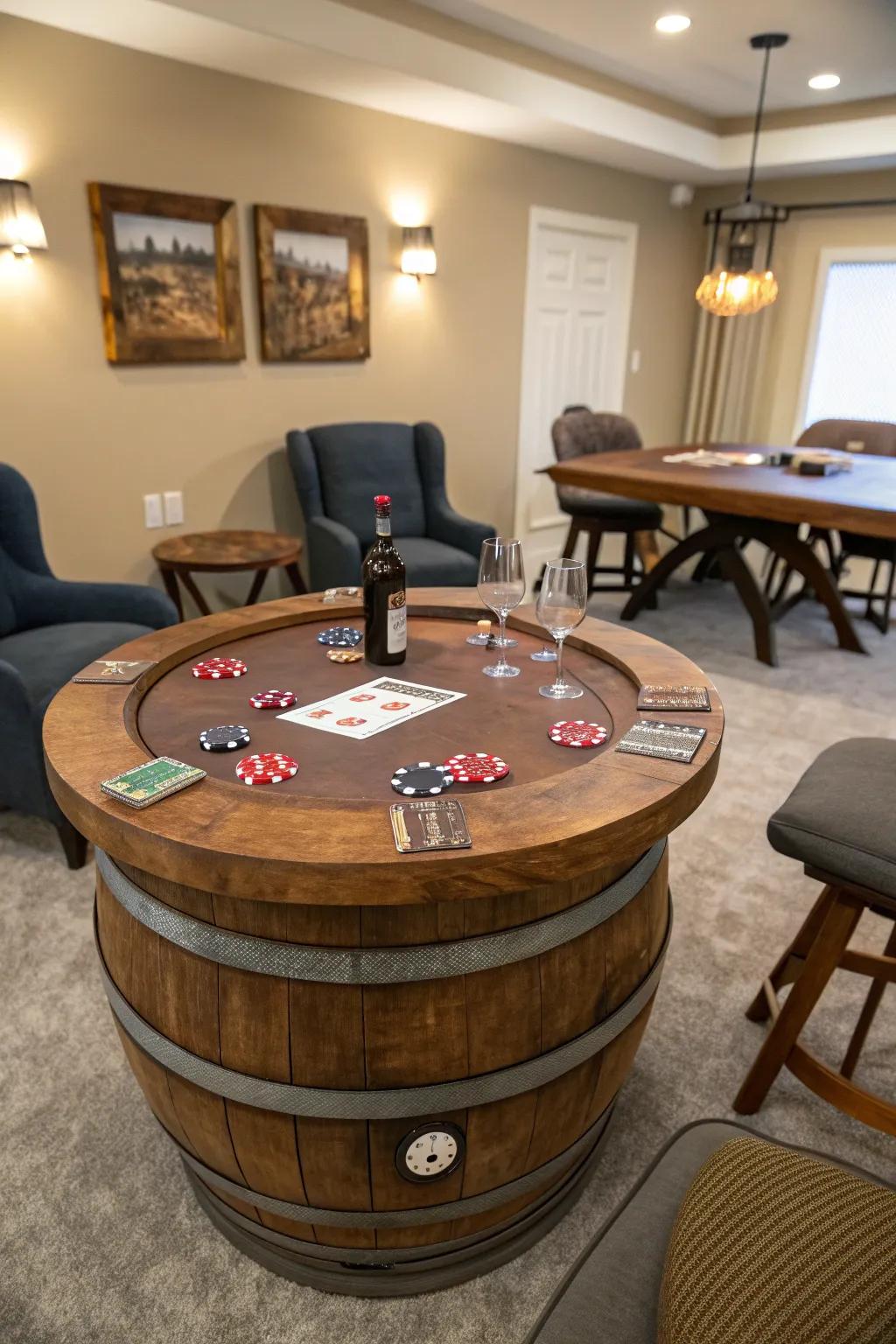 A multi-use barrel game table combines dining and play.