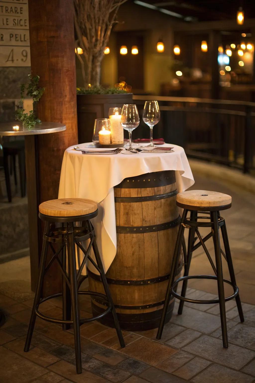 A wine barrel bistro corner adds charm to small spaces.