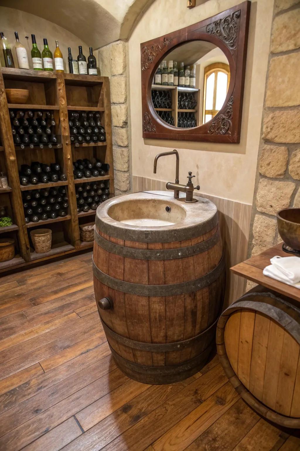 A wine barrel with a built-in sink adds a unique touch.