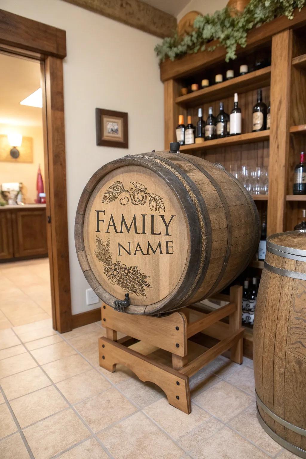 Personalized engravings turn wine barrels into unique statements.