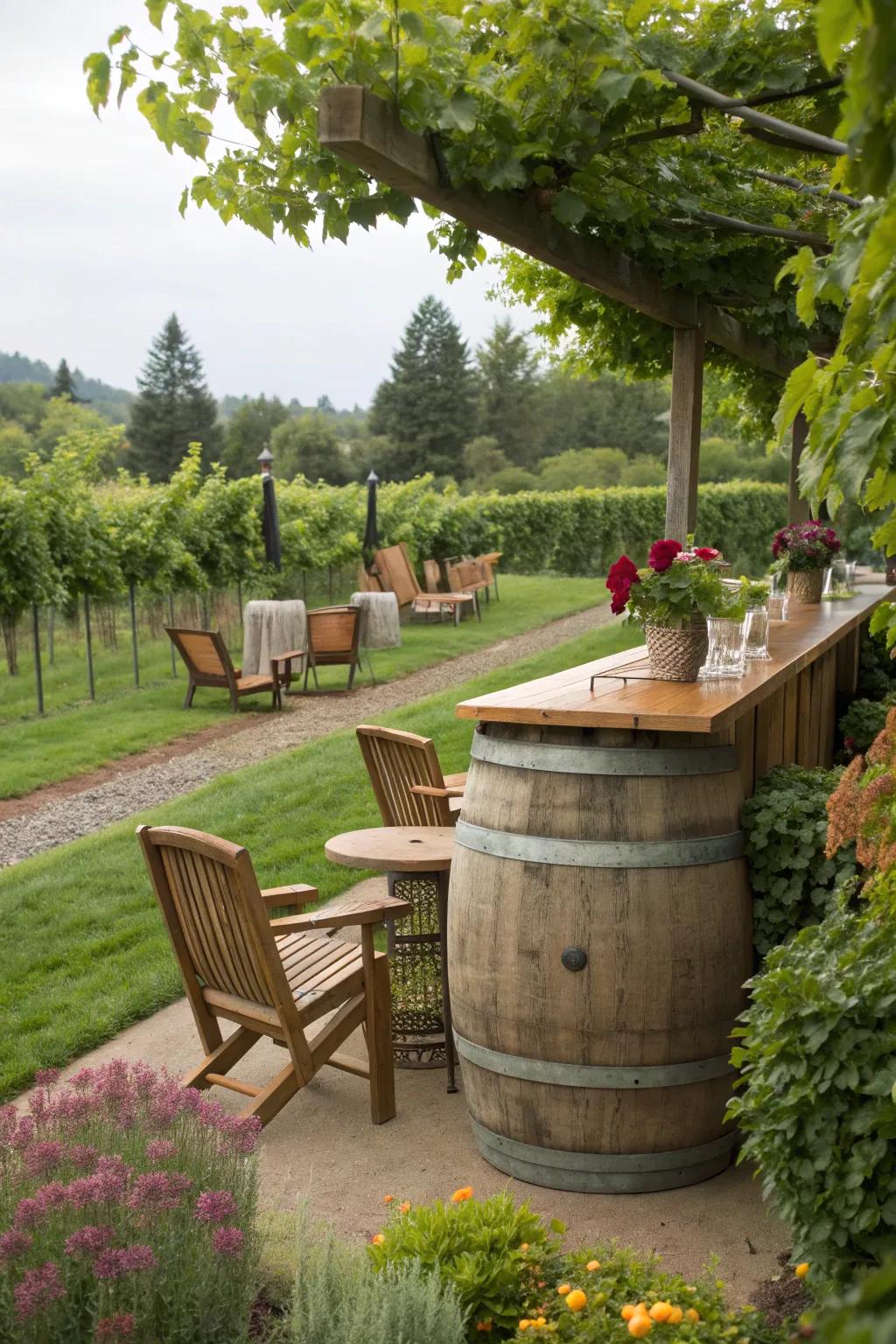 A wine barrel garden bar invites you to enjoy the outdoors.