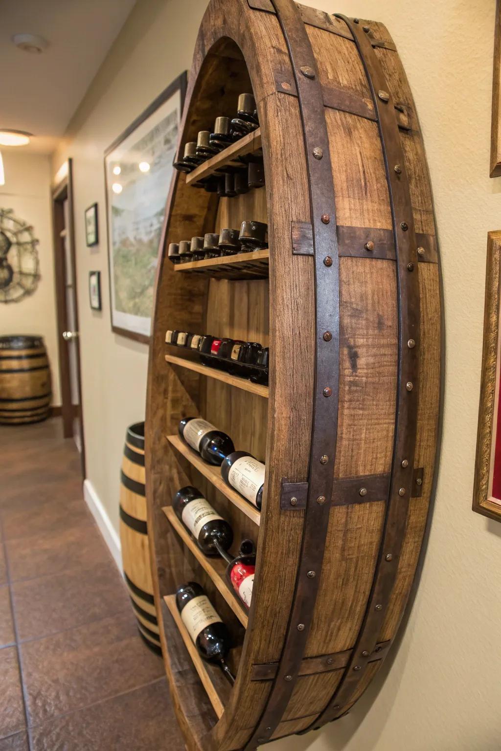 Barrel stave wine racks offer functionality and style.