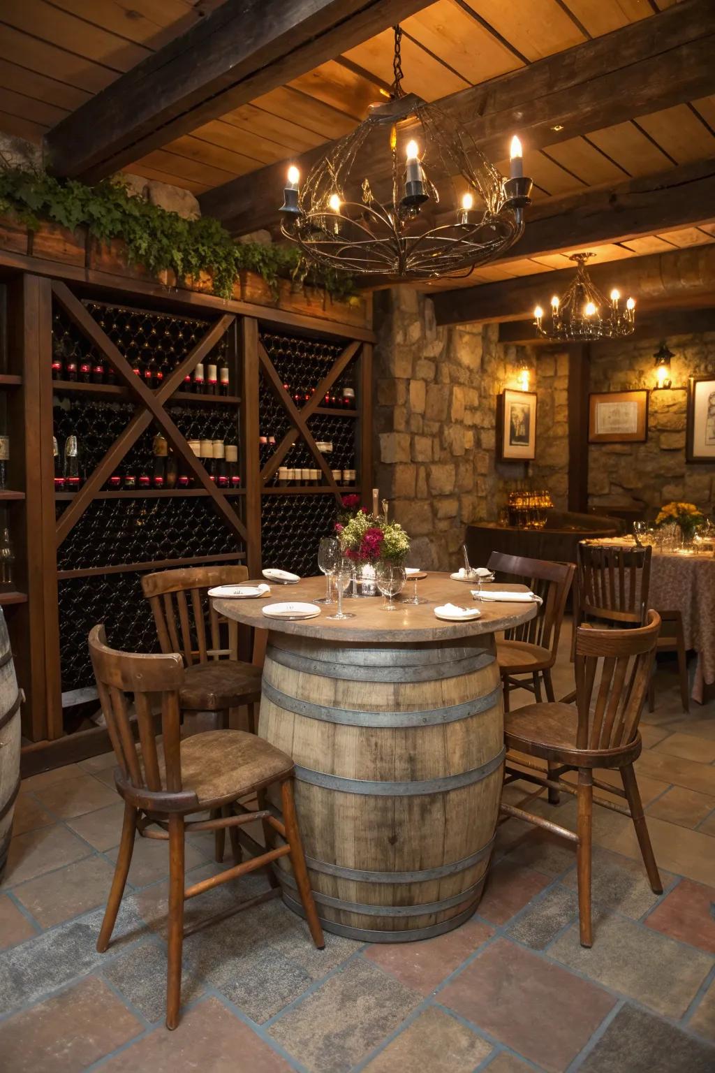 A convertible barrel dining set offers flexibility and style.