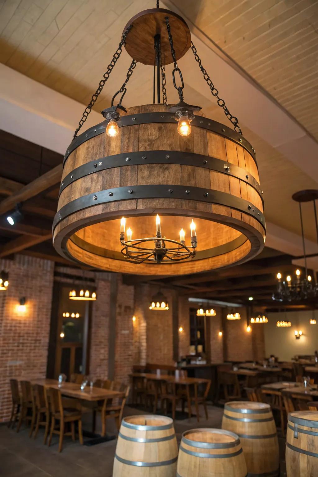 A wine barrel chandelier adds rustic elegance to any room.