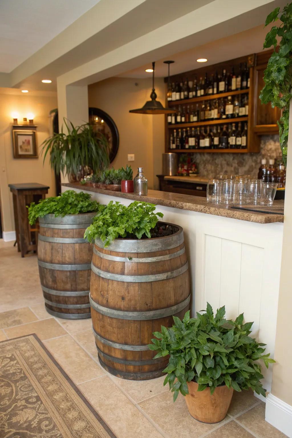 Wine barrel planters bring a touch of nature to your decor.