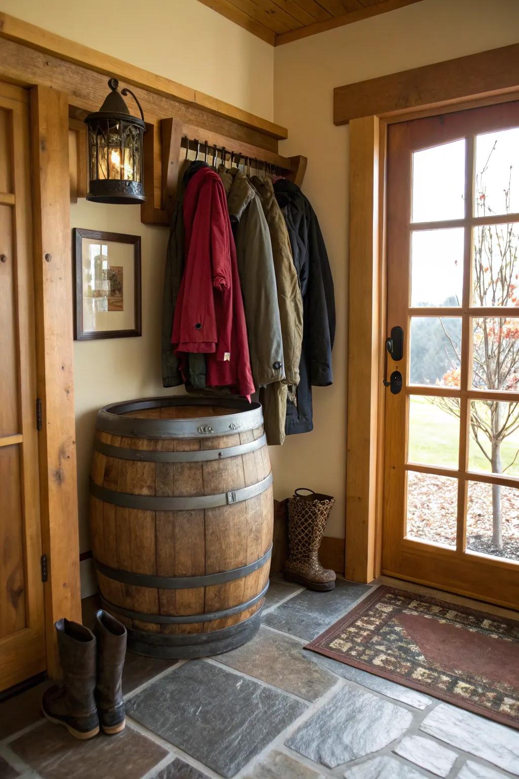 A wine barrel stave coat rack combines function with style.