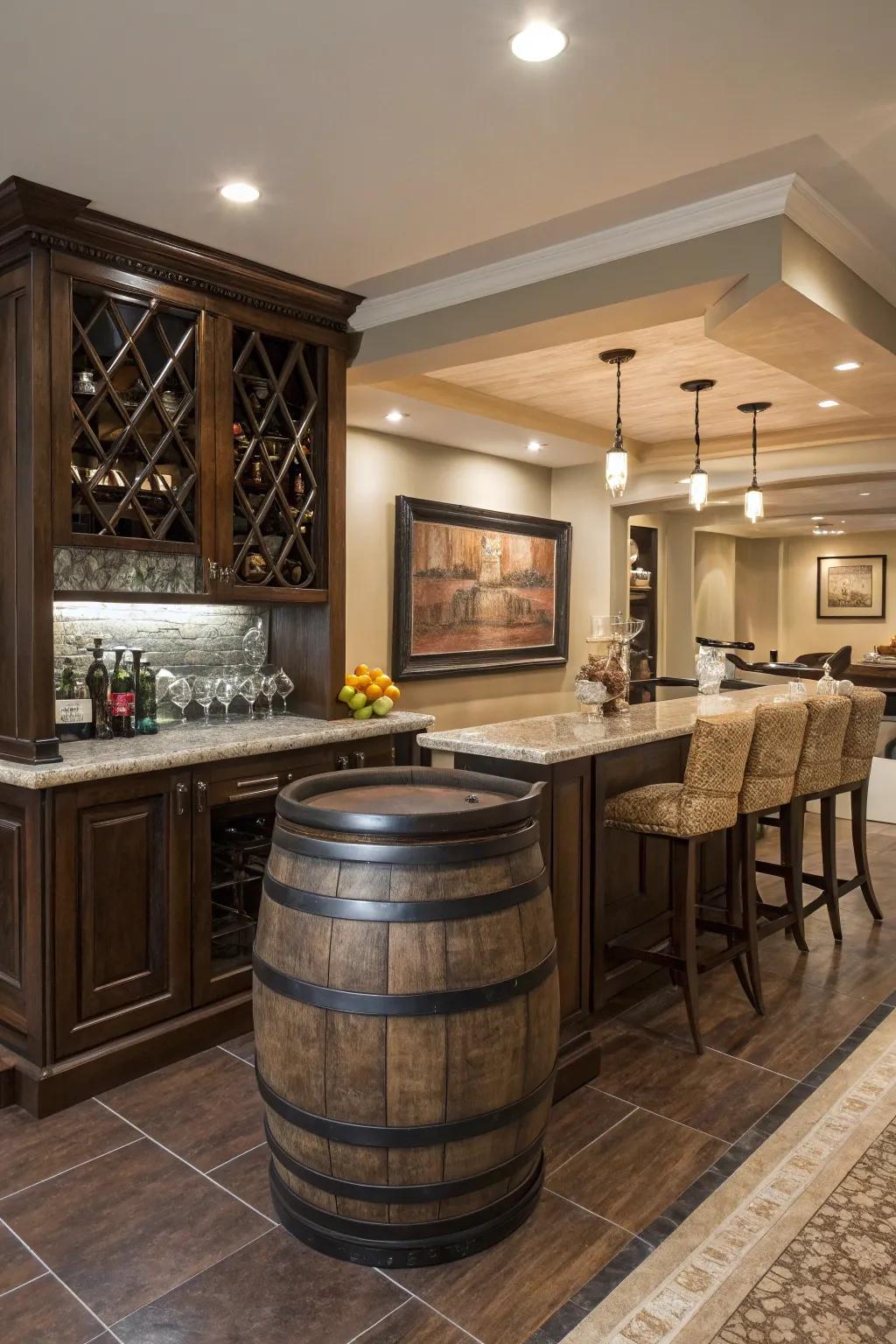 A luxury barrel bar with a quartz top combines rustic and modern styles.
