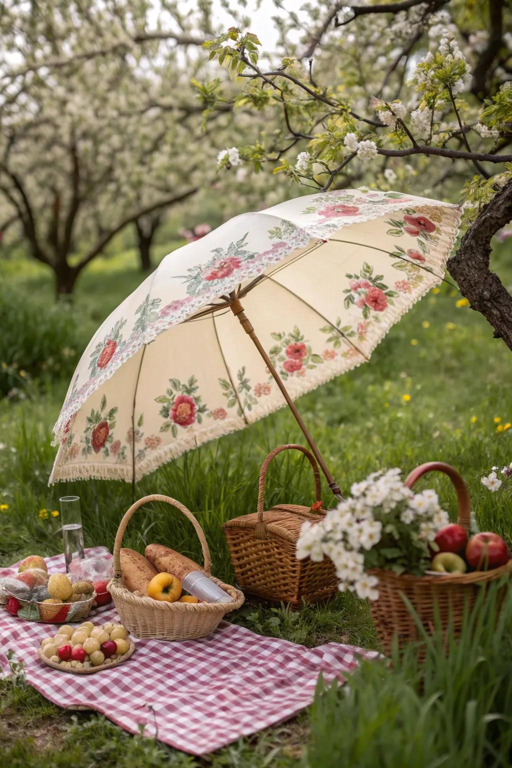 Vintage umbrellas offer shade and nostalgic charm.