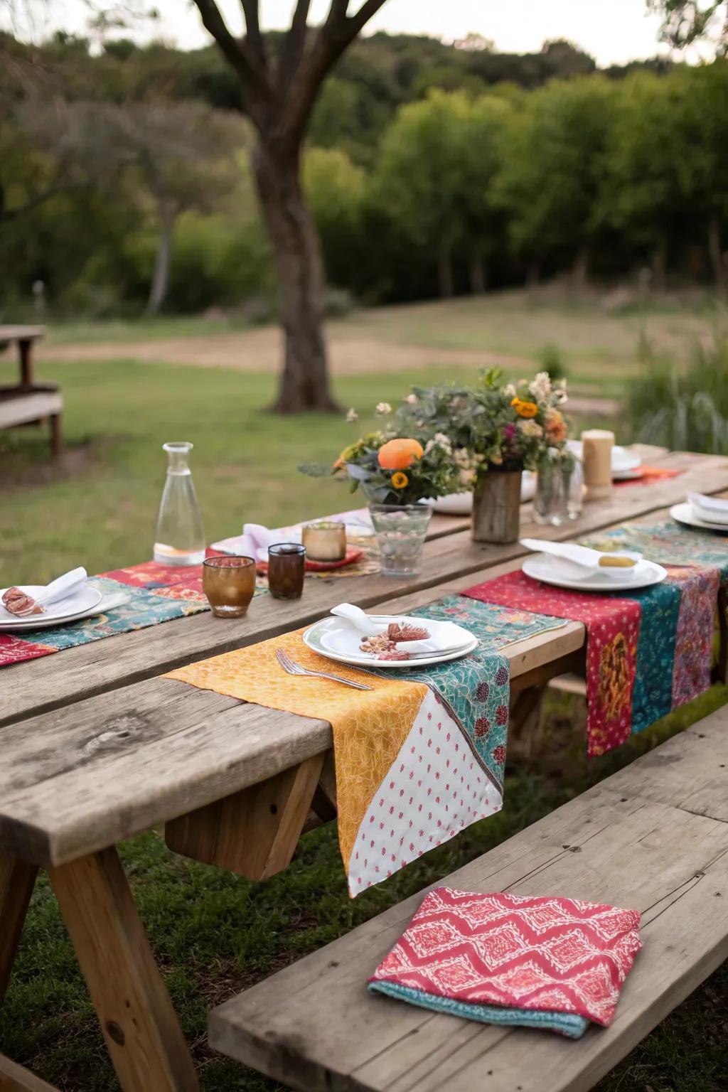 Fabric remnants add unique patterns to your picnic decor.