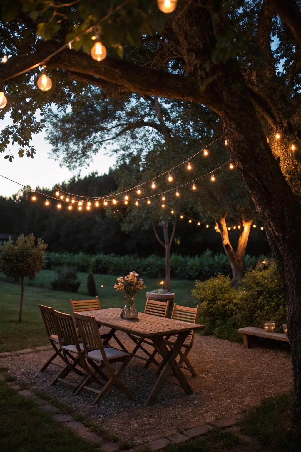 String lights create a magical glow for evening picnics.