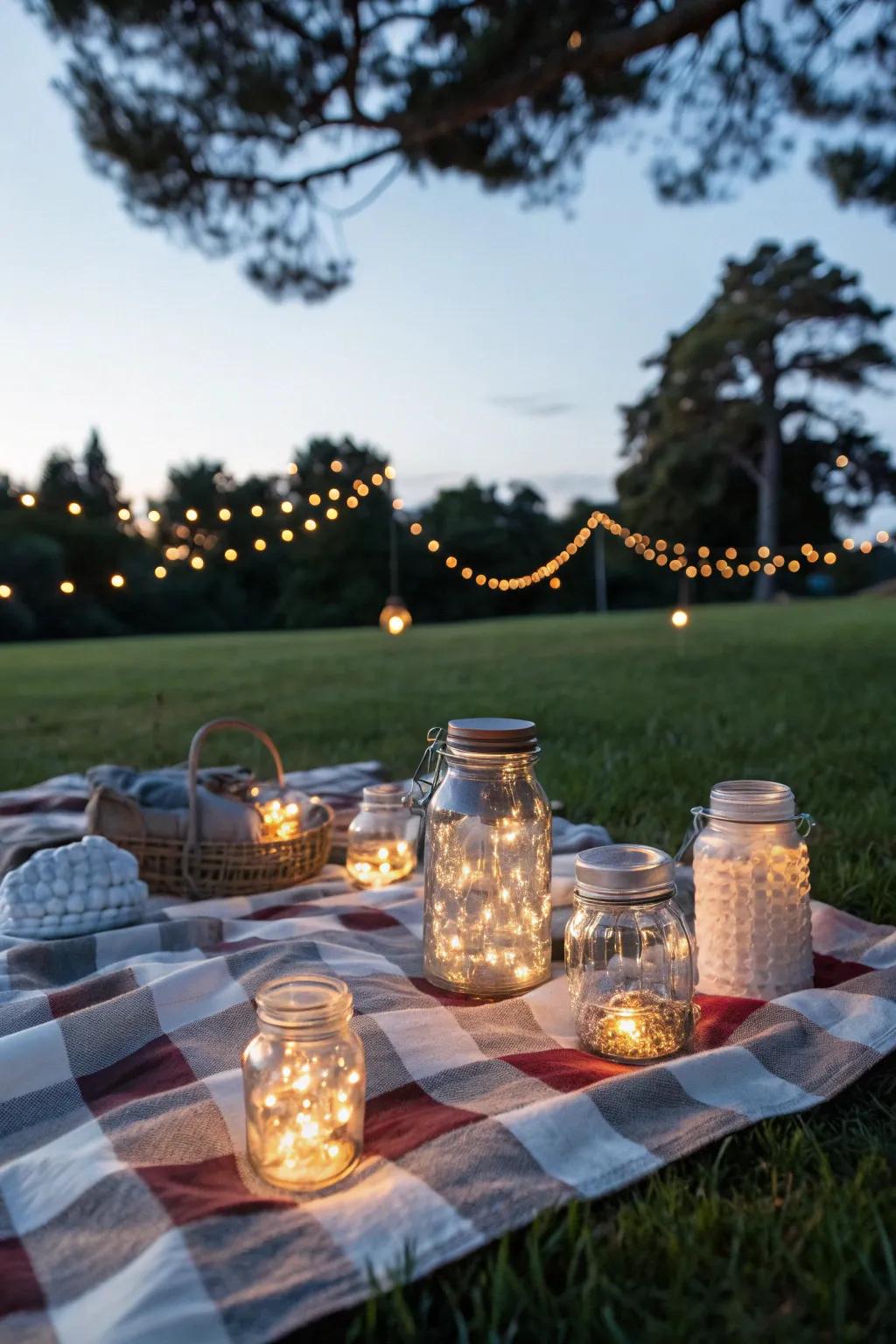 Mason jar lanterns add a cozy glow to your picnic.