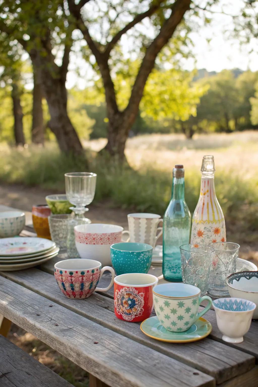 Vintage glassware adds elegance to your picnic drinks.