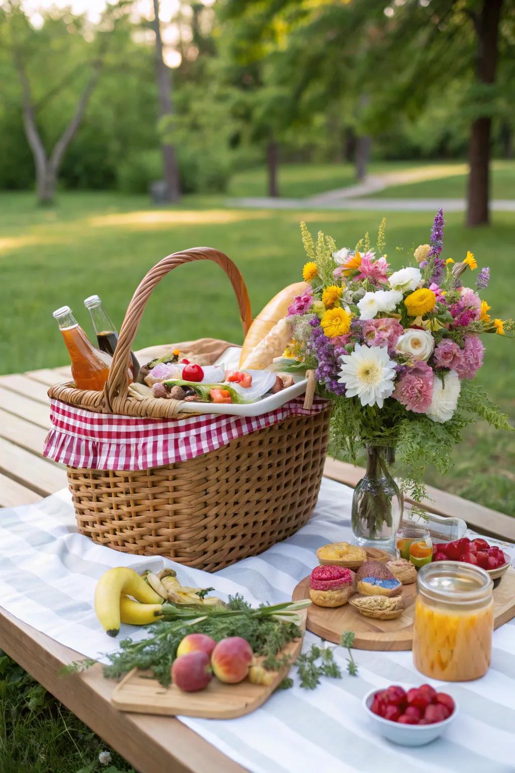 A picnic basket centerpiece embodies the spirit of outdoor dining.