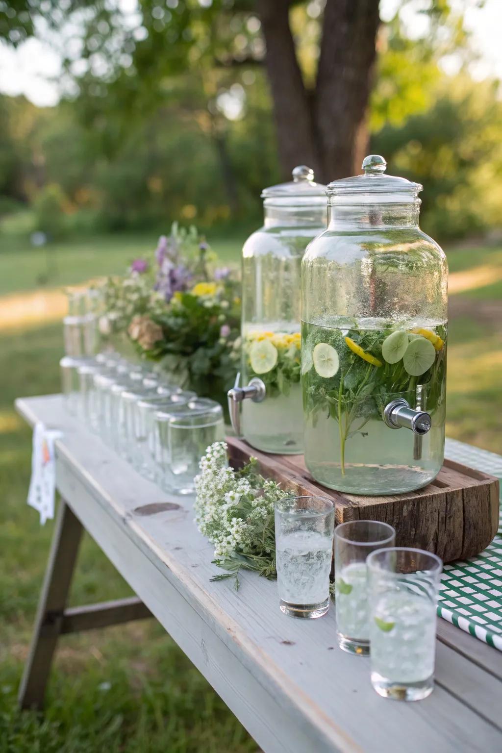 Herb-infused water offers a refreshing touch to your picnic.