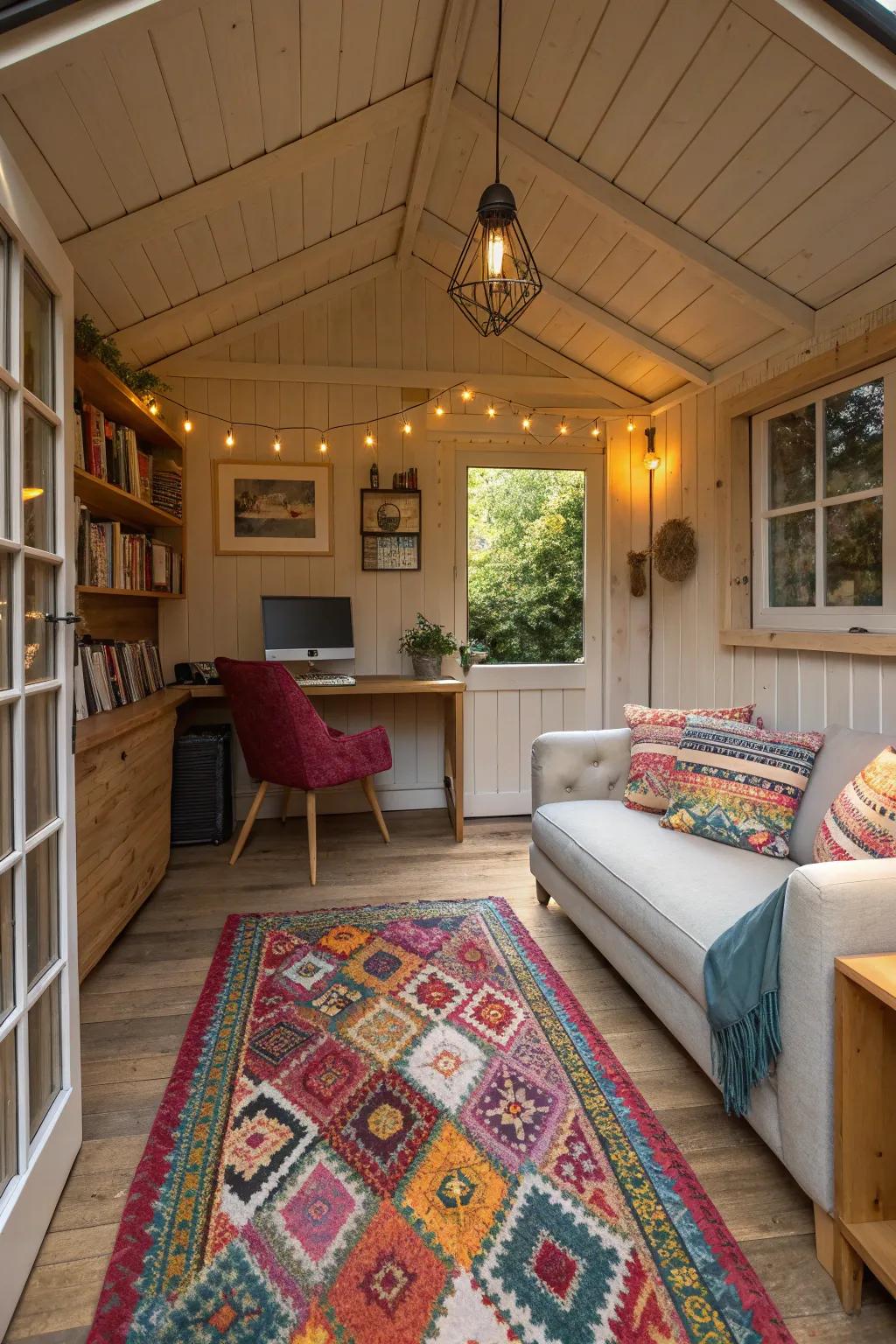 Rugs and cushions add warmth and comfort to your shed office.