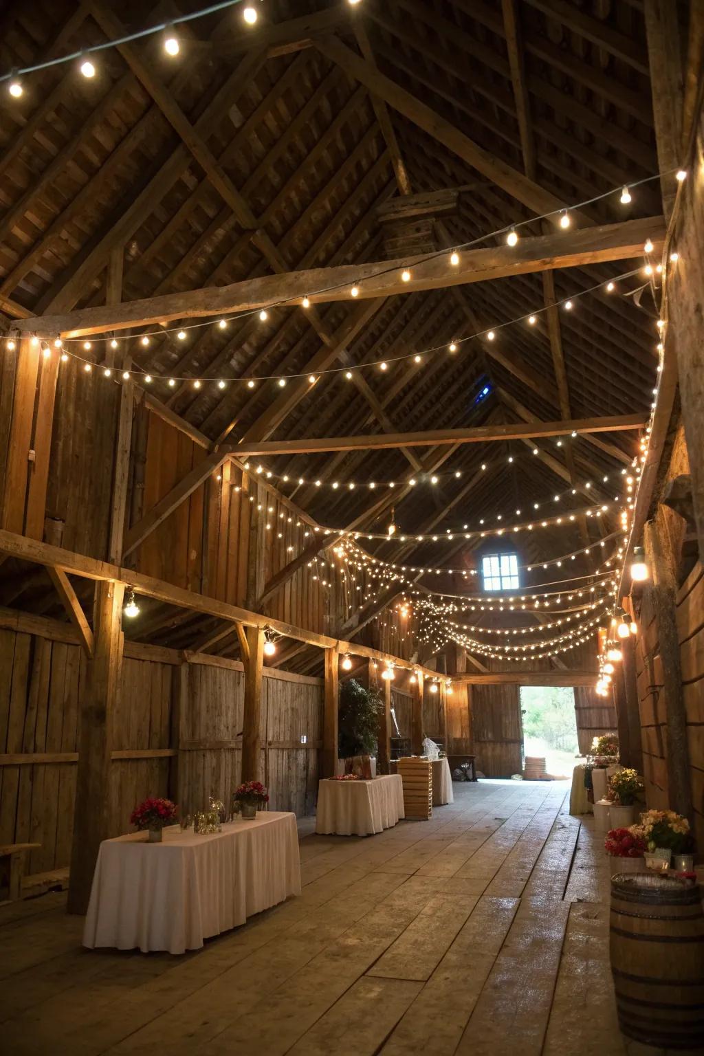 Rustic charm meets enchanting glow in a barn setting.