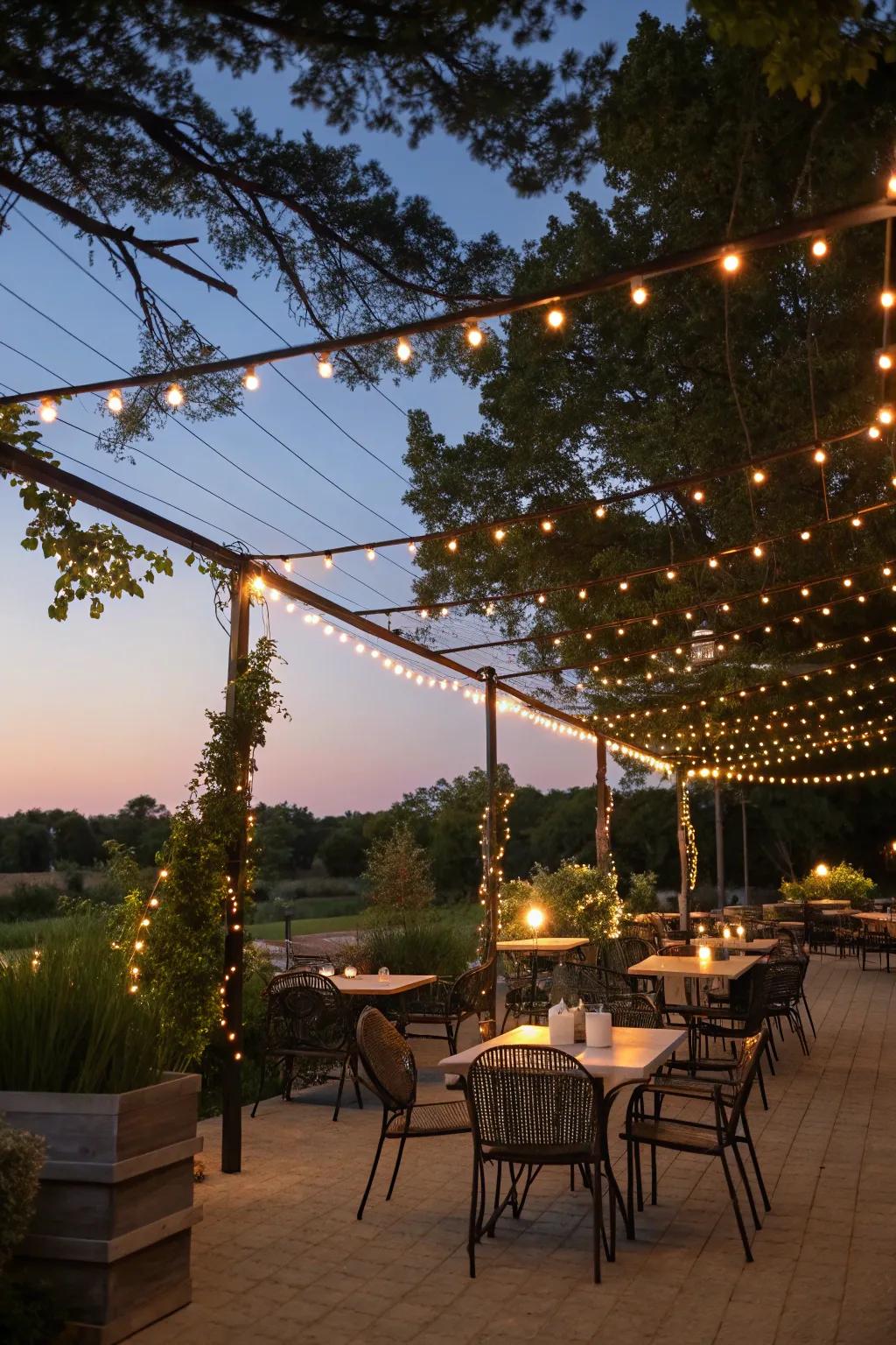 A canopy of fairy lights adds a starry touch to any wedding reception.
