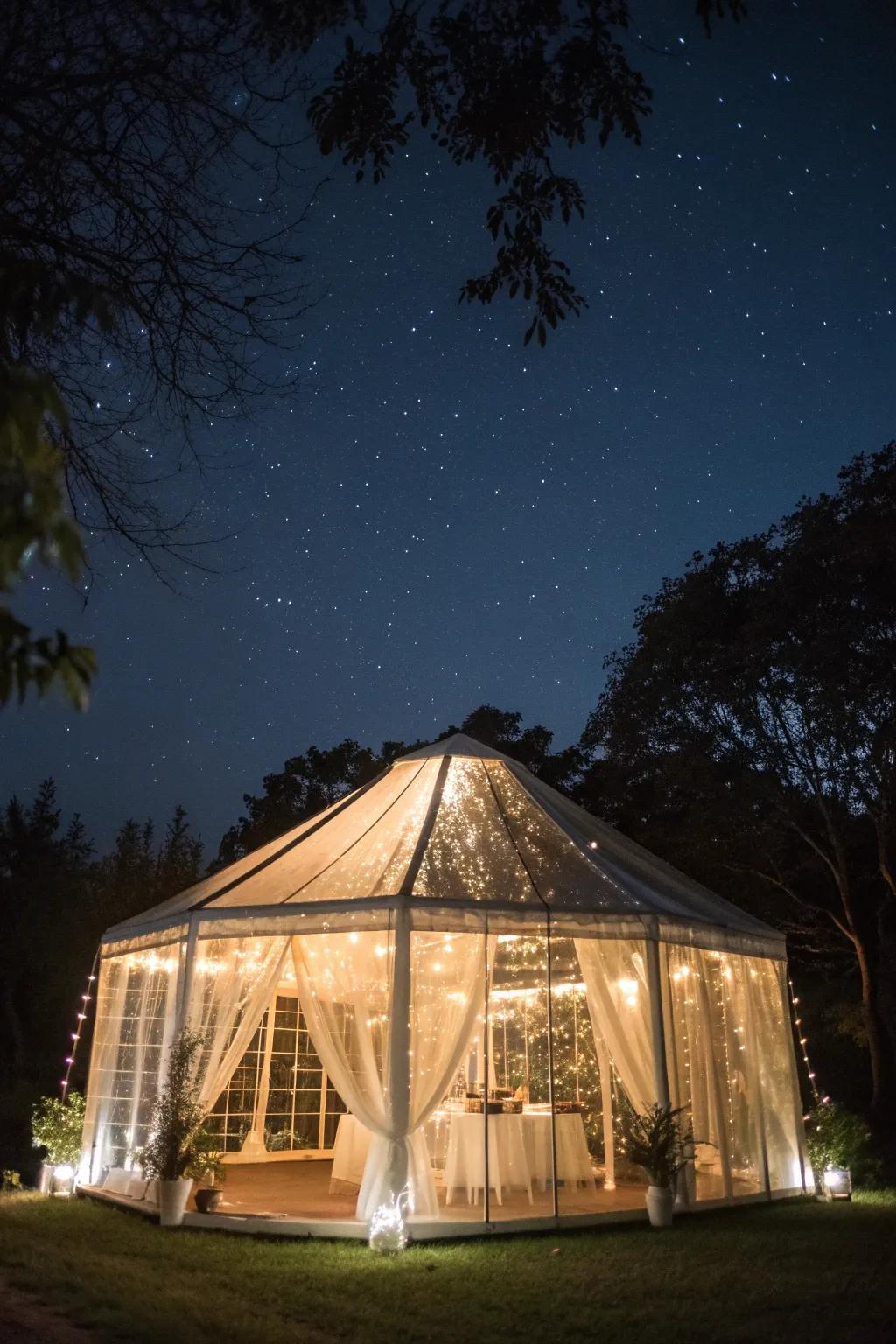 A transparent tent glows with the charm of fairy lights.