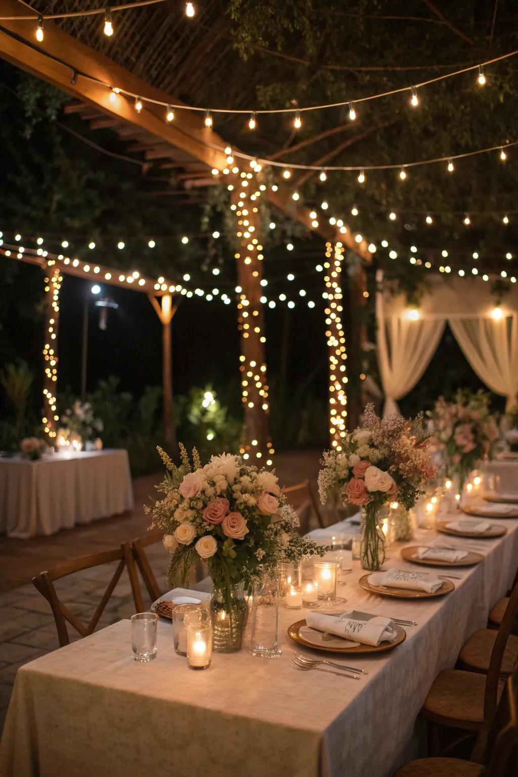 Table decor with fairy lights creates an intimate, sparkling setting.