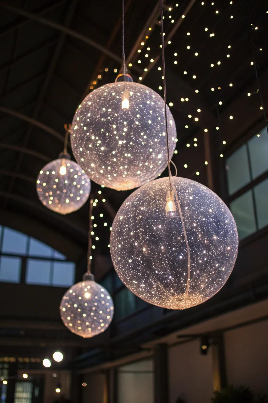 Floating light spheres create a celestial atmosphere.