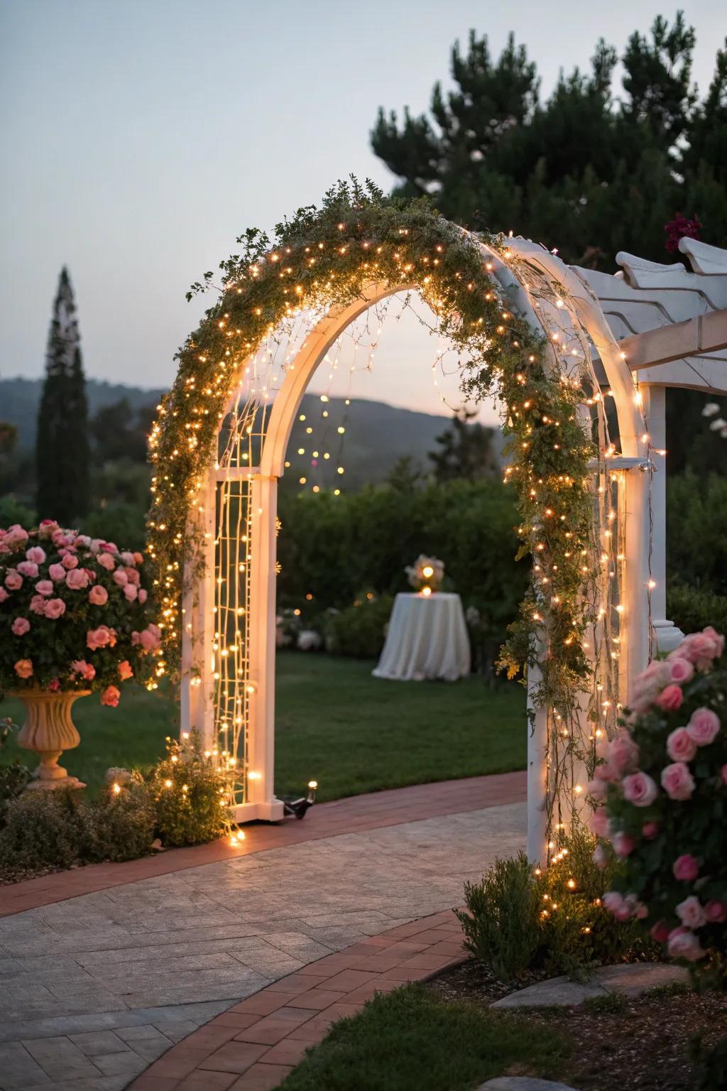 A lit arch provides a radiant ceremony backdrop.