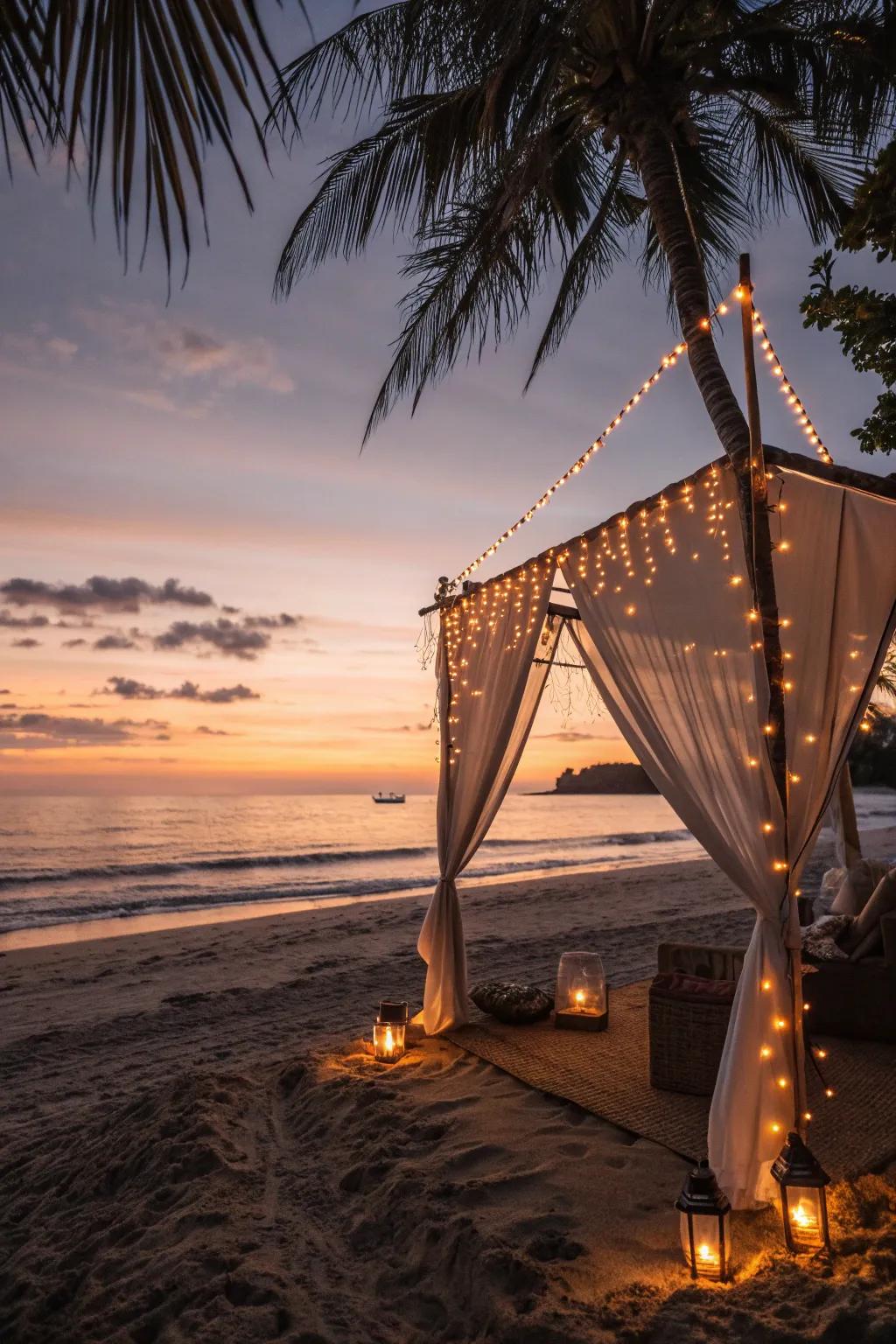 A beachside tent glows beautifully as the sun sets.