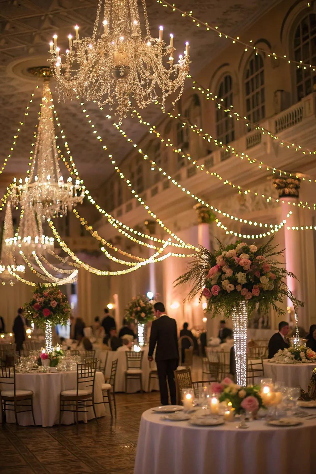 Chandeliers paired with fairy lights add a touch of elegance.
